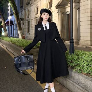 胖mm大码秋装JK连衣裙学生学院风黑色假两件长裙子西装外套两件套