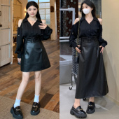 大码 张阿星行走时髦精V领露肩竖条纹质感衬衫 高腰皮裙