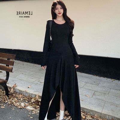 甜辣妹不规则长袖连衣裙女装秋冬前短后长荷叶边收腰a字中长裙子