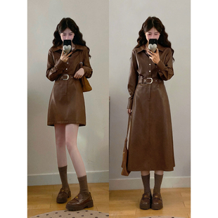 大码 布鲁克林棕咖色皮衣连衣裙胖MM藏肉显瘦收腰皮裙女 女装