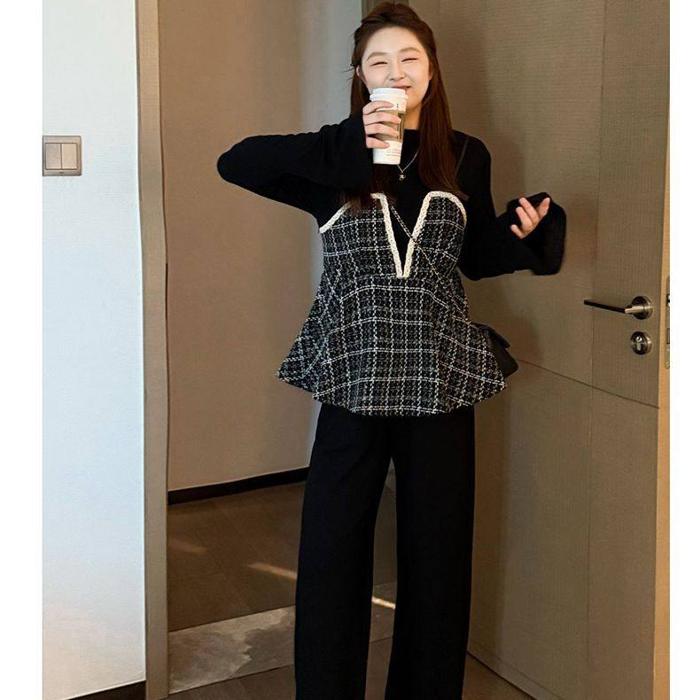 大码格子拼接吊带上衣阔腿裤两件套女胖mm巨显瘦秋季穿搭一整套装,女装/女士精品,大码套装,淘宝优惠券,粉丝福利购,淘宝优惠卷