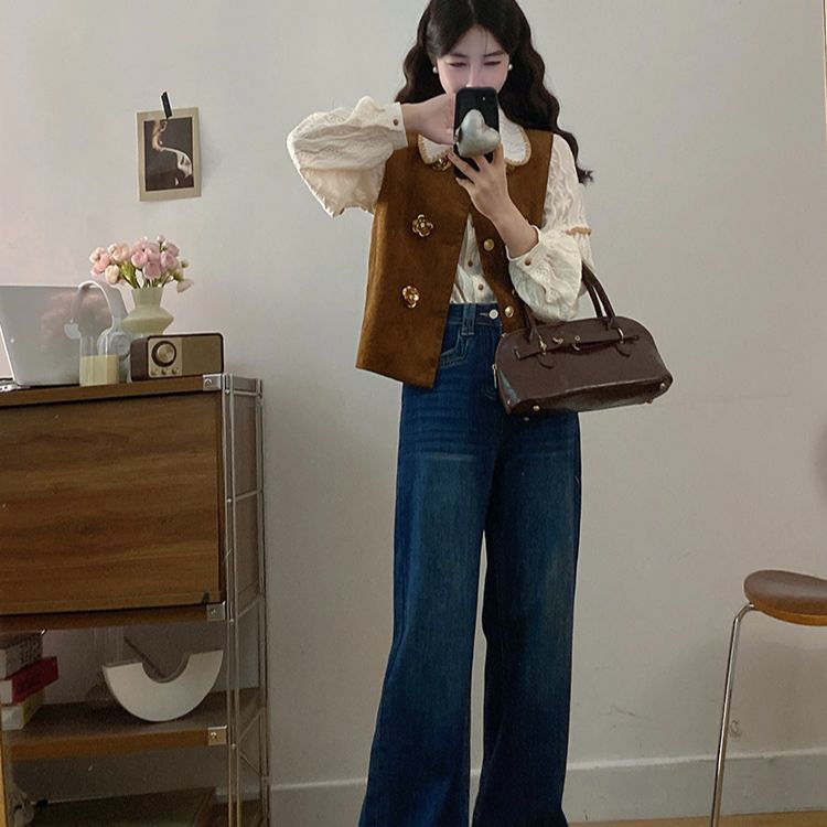 大码女装复古韩版气质套装秋季坎肩马甲胖MM遮肉显瘦牛仔裤三件套