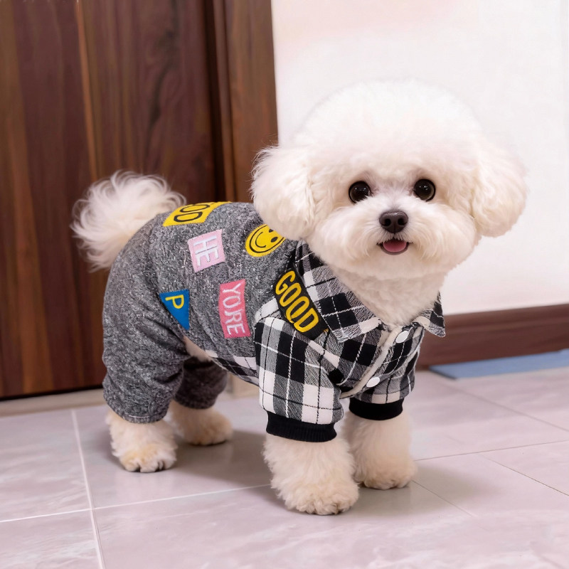狗狗衣服冬季保暖格子笑脸背带裤