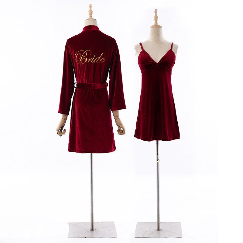 新娘晨袍金丝绒春秋冬结婚睡衣伴娘团化妆袍婚礼伴手礼酒红色睡袍