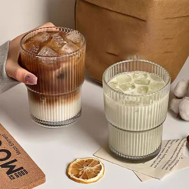 条纹玻璃咖啡杯带盖带吸管水杯家用高颜值冰美式拿铁牛奶饮97369