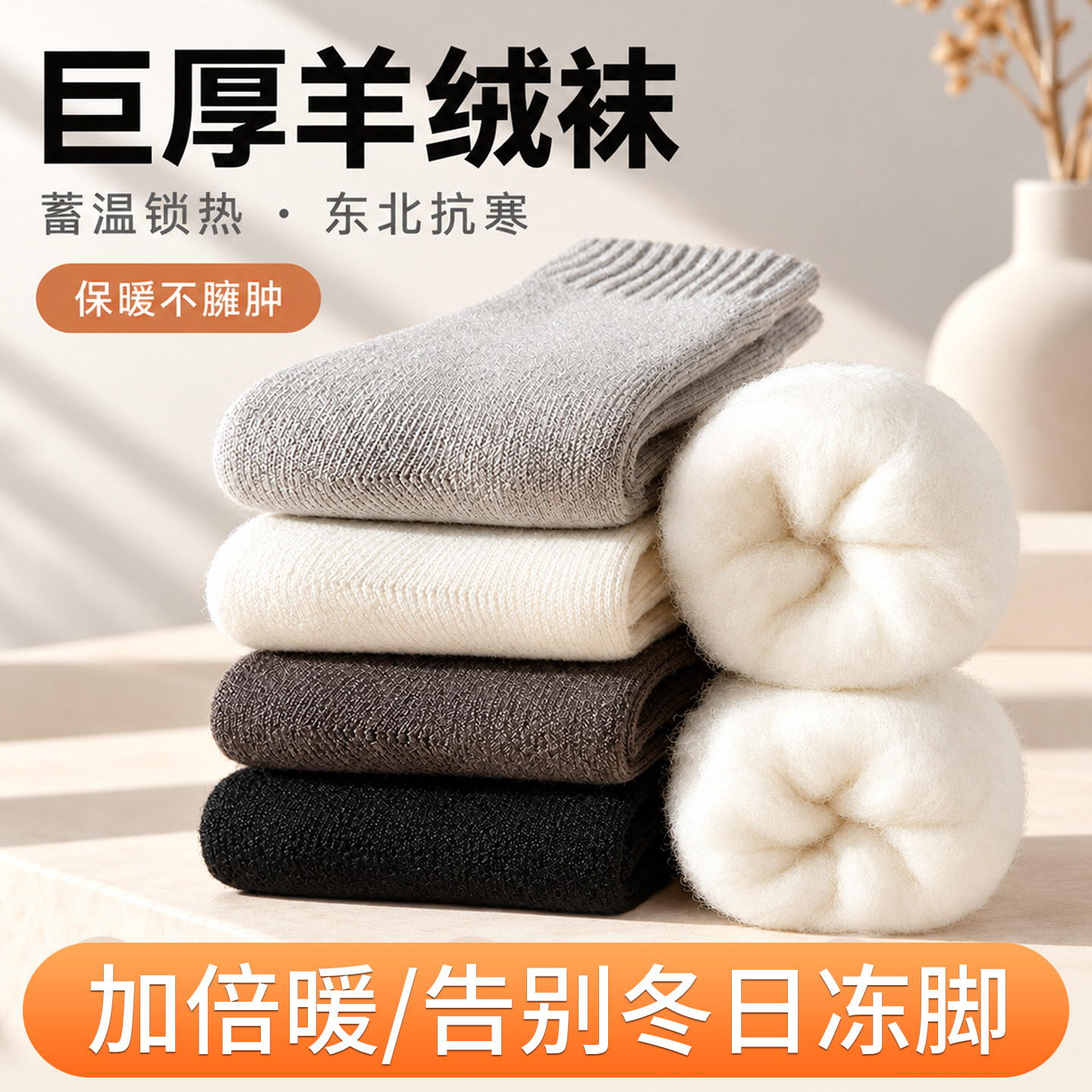 厚羊绒袜子男士秋冬款保暖中筒袜加绒加厚地板睡眠袜冬天羊毛长袜