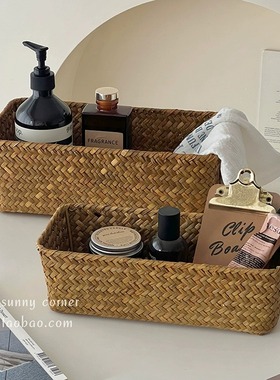 ins编织收纳筐桌面零食杂物整理收纳篮子草编长方形化妆品收98411