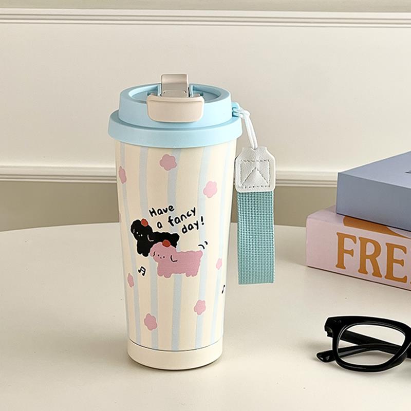 不锈钢咖啡杯吸管可爱小狗新款双饮外出携带便携高颜值水杯97369