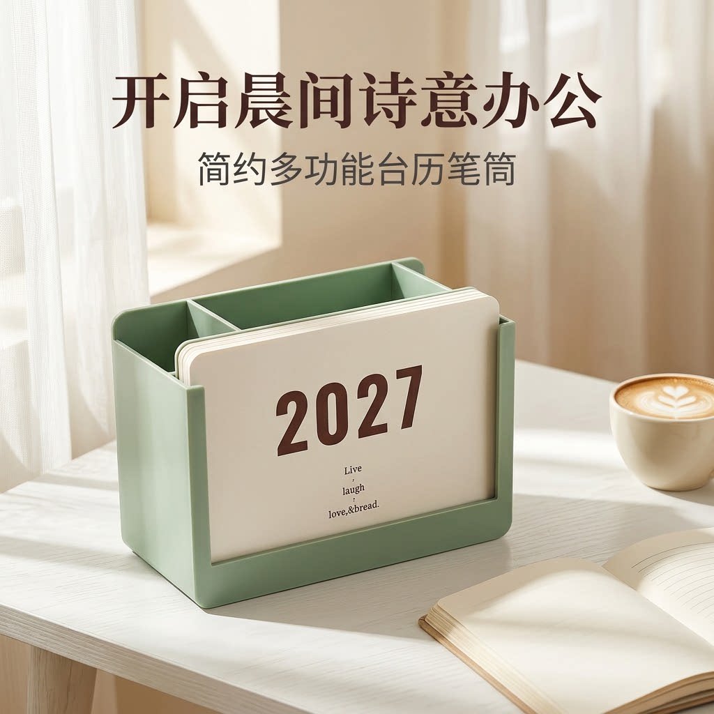 2027年台历多功能创意笔筒奶油白桌面摆件收纳定制款翻页立式商务办公文具新年礼品送客户公司办公室学校学生