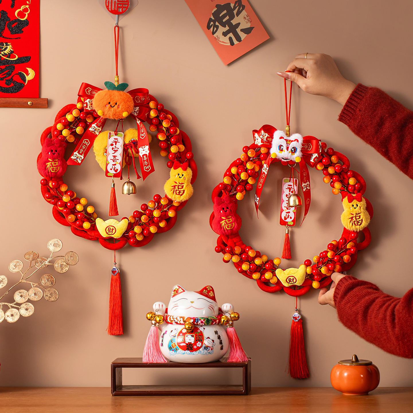 新年醒狮挂件马年花环入户门挂饰