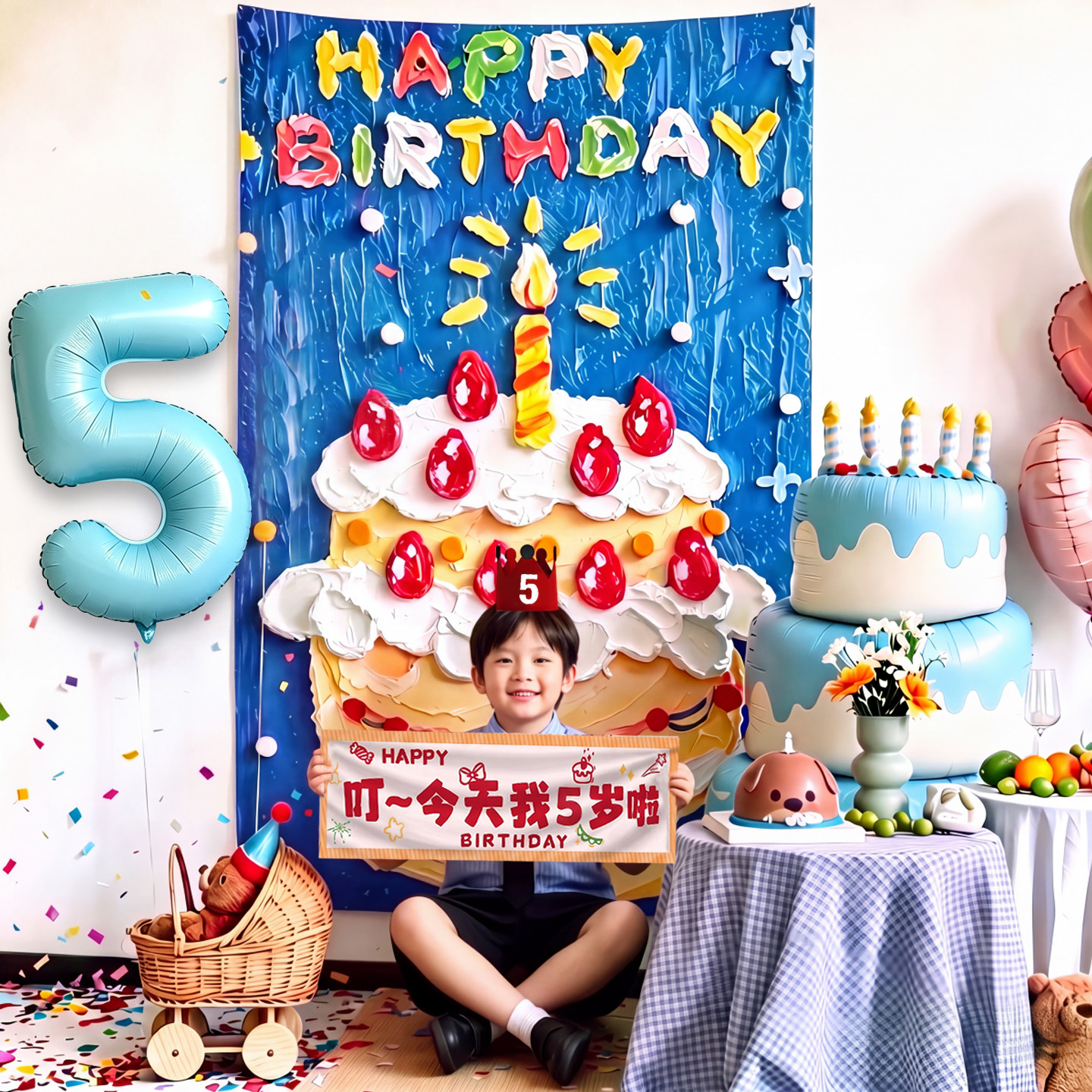 儿童生日气球装饰男孩蛋糕背景挂布周岁快乐派对场景布置拍照道具