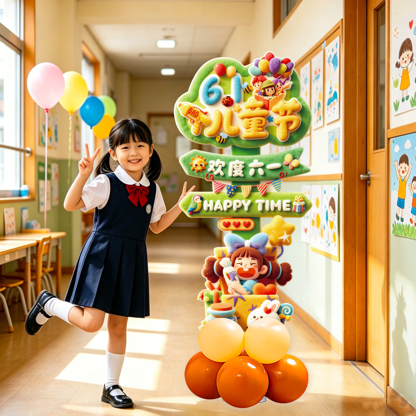 六一儿童节kt板立柱学校幼儿园教室门口装饰气球路引立牌拍照布置