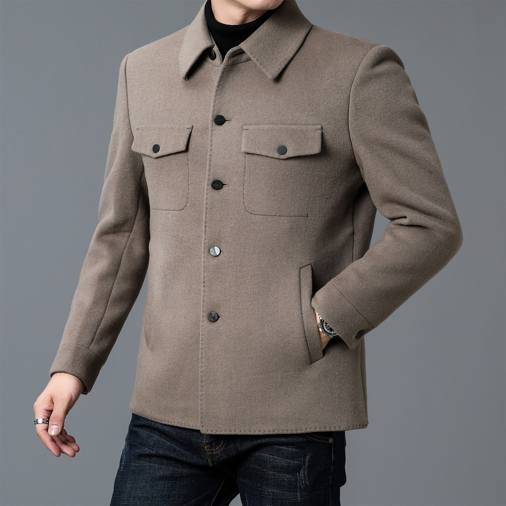 kzok时尚男士羊毛呢子夹克秋冬新款商务休闲短款翻领大衣外套男