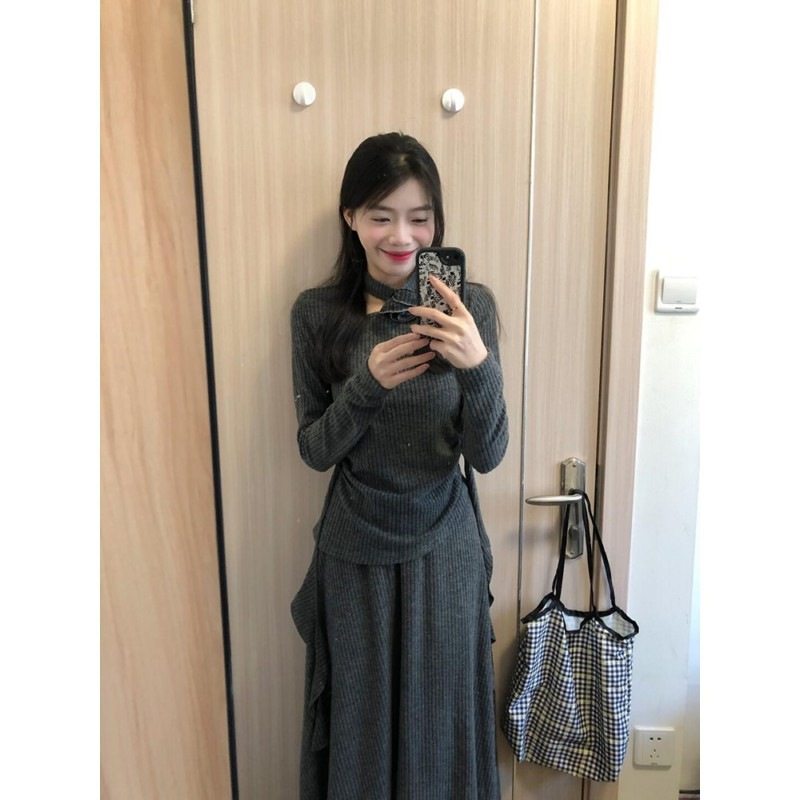 小香法式风连衣裙子女秋冬新款气质灰色内搭针织长裙一套早春