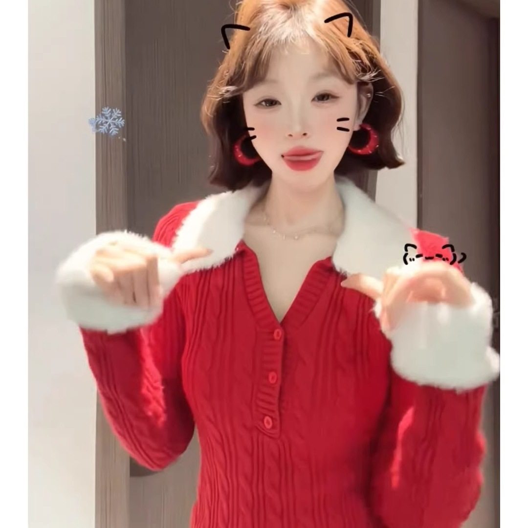 毛毛翻领红色毛衣针织衫女冬季高级感洋气圣诞穿搭假两件上衣