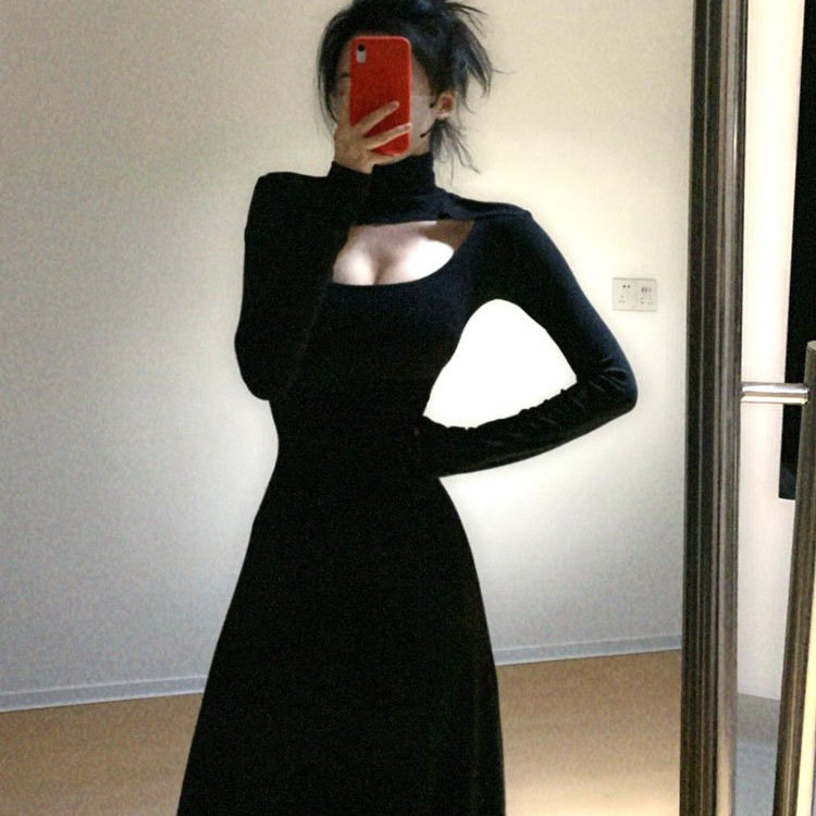 法式性感黑色镂空长袖连衣裙女装秋季赫本风高领气质修身A字长裙