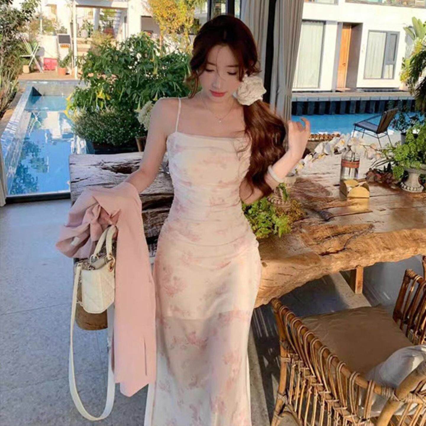 碎花褶皱吊带法式修身鱼尾长裙女