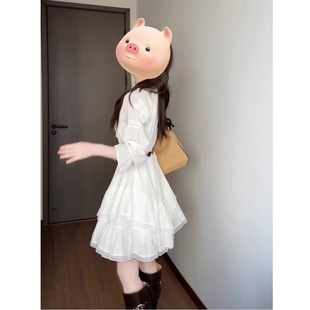 法式白色长袖收腰连衣裙女装春季年新款小个子气质绝美长裙子