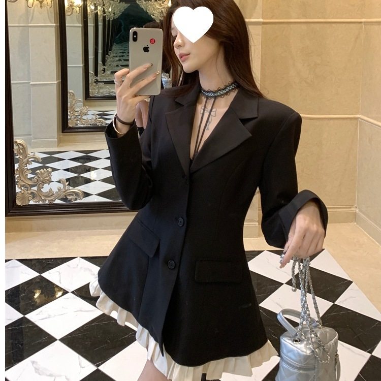 气质撞色长袖西装连衣裙女春季高级感修身短裙辣妹高腰荷叶边裙子