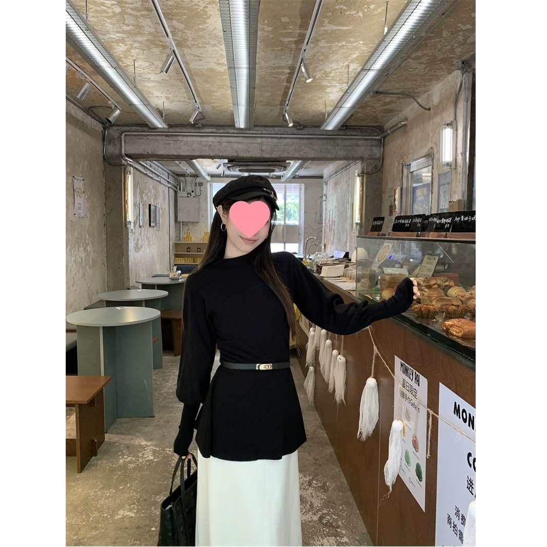 【亲肤绒】半高领灯笼袖收腰针织衫女秋冬季气质毛衣配腰带上衣