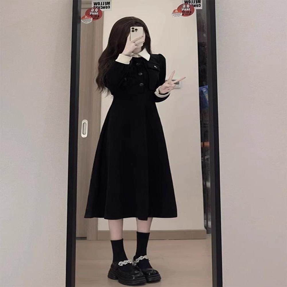 赫本黑色连衣裙子春秋季新款女深冬装搭配一整套内搭长裙套装