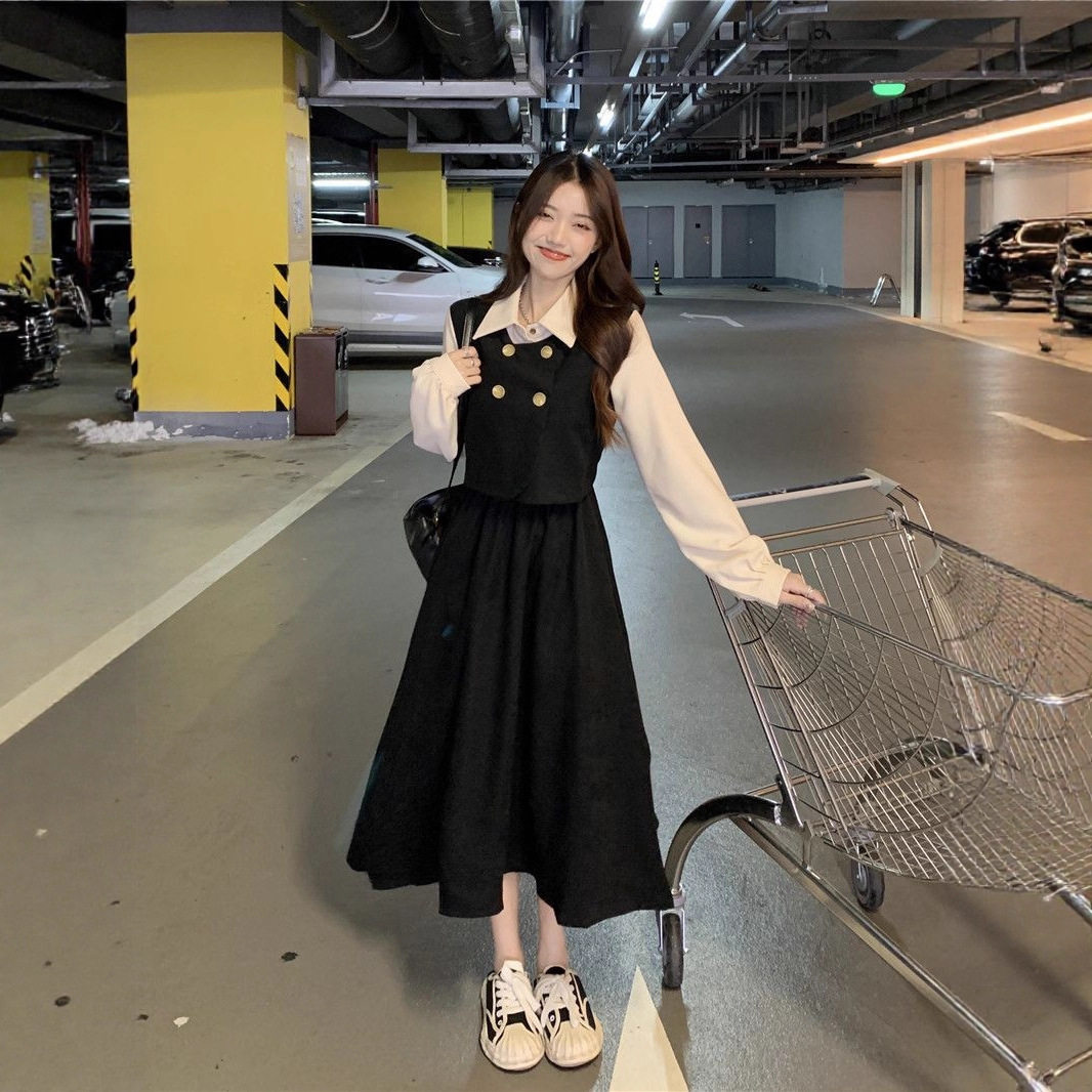 春款假两件长袖连衣裙女装秋冬季新款法式复古气质收腰裙子女