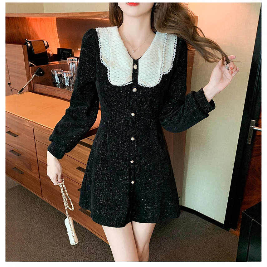 秋季新款法式小香风翻领显瘦连衣裙女收腰百搭绒撞色短裙