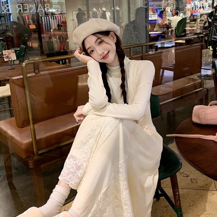 小个子针织连衣裙春秋款长袖蕾丝拼接鱼尾裙收腰半高领内搭毛衣裙