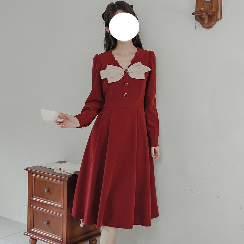 红色结V领连衣裙秋冬新款女装法式复古气质中长裙子,女装/女士精品,连衣裙,淘宝优惠券,粉丝福利购,淘宝优惠卷