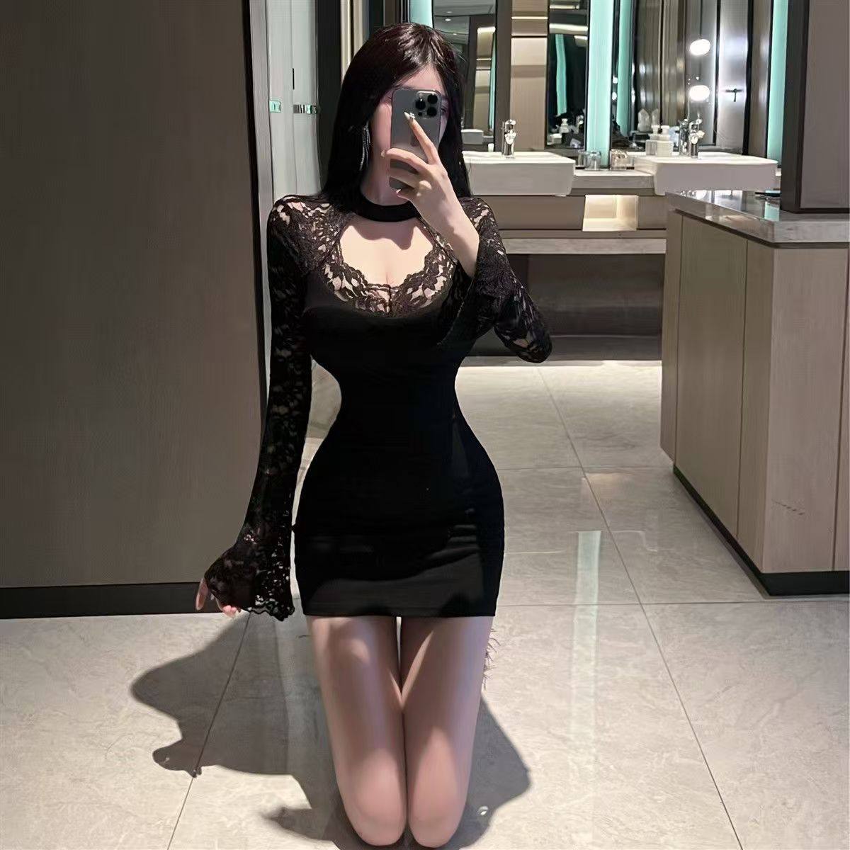 黑色性感长袖蕾丝拼接连衣裙名媛气质镂空喇叭袖修身显瘦包臀裙女,女装/女士精品,连衣裙,淘宝优惠券,粉丝福利购,淘宝优惠卷