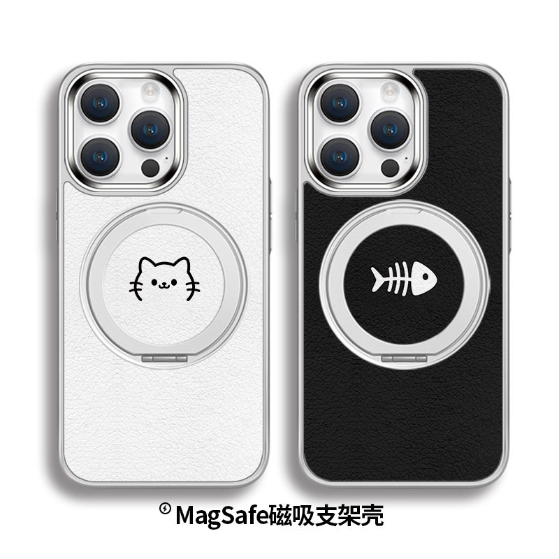 猫咪鱼骨头适用于苹果17系列手机壳iphone16promax情侣15pro秀恩爱14/13/12/11plus磁吸带支架新款magsafe套