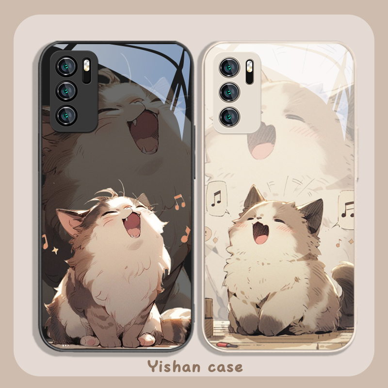 适用华为玻璃可爱猫咪手机壳