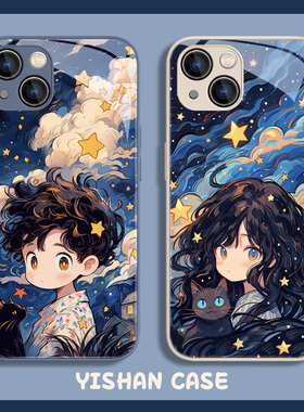 适用苹果17系列/16/15promax情侣手机壳iPhone14油画星空xr男孩女孩13可爱xsmax卡通12mini小众11液态玻璃8pl