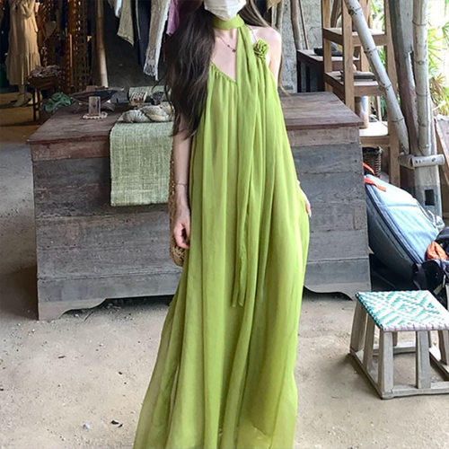 Xxiiuu【仲夏日记】清新度假风大摆飘带纱裙女夏季新款宽松连衣裙