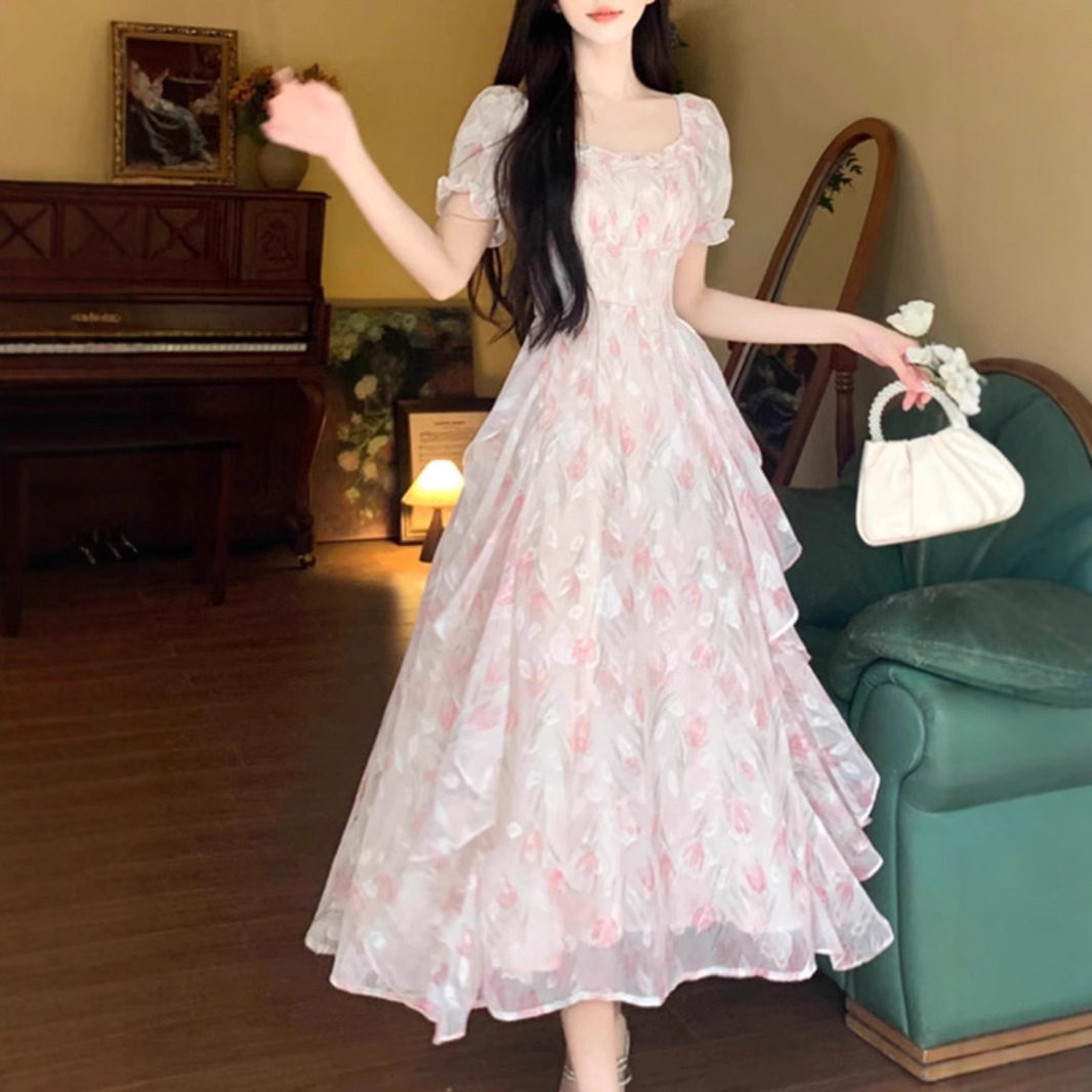 大码法式温柔仙女碎花方领连衣裙女夏季胖MM收腰显瘦气质优雅长裙