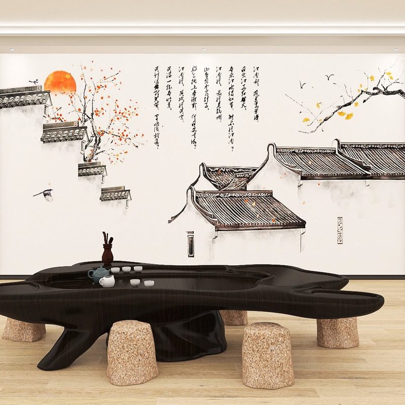 3d手绘中式古典江南水乡装饰画墙纸徽派建筑水墨画火锅店茶室壁纸