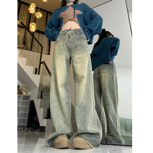 高腰2025年秋季宽松黄泥色牛仔裤