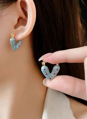 红色波点蓝色爱心耳扣时尚百搭高级感耳环小众设计甜美滴釉耳饰女