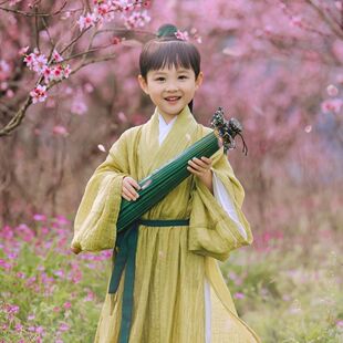 男童汉服春秋服饰交领直裾小男孩魏晋风仙侠道服演出服黄色战国袍