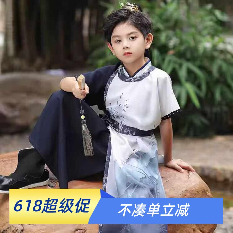 男童汉服中国风小少爷短袖圆领袍儿童古装侠客黑白水墨竹画表演服