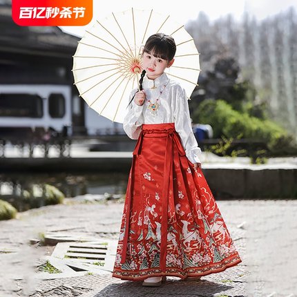 仙鹿夏款汉服女童马面裙中国风高端大气古装明制新中式红色表演服