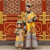 宫廷风皇后娘娘古装 亲子装 清朝凤袍母女古风黄色旗袍吉服领子套装
