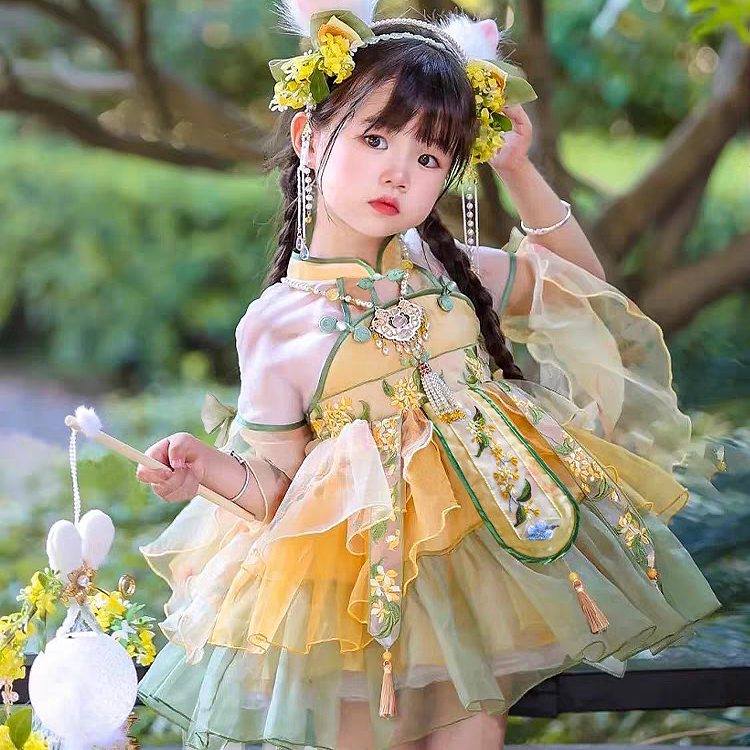 甜橘女童汉服改良中国风儿童连衣裙精灵超短裙新中式演出服洛丽塔