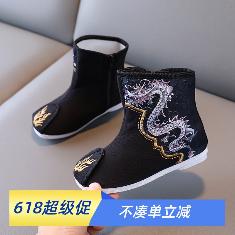 新款秋冬季民族风童靴中国风刺绣汉服鞋加绒棉靴春节拜年服棉鞋