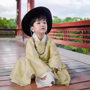 新款儿童汉服春秋中国风男童唐朝圆领袍黄色演出书生李白国庆表演