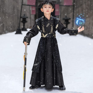 鹤鸣男童汉服帅气亮片织锦纹黑色套装儿童唐装武侠霸气国风演出服