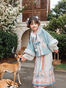 儿童外套棉服加绒国风冬季套装女童汉服明代新中式月蓝拜年服礼服