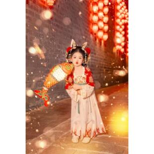 女童汉服秋天新款长袖连衣裙小女孩改良刺绣唐代襦裙表演服假两件