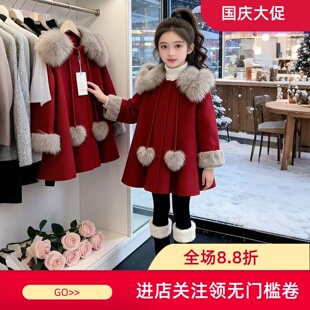 女童冬装加绒呢子大衣2025新款大童韩版一体绒红色喜庆中长款外套