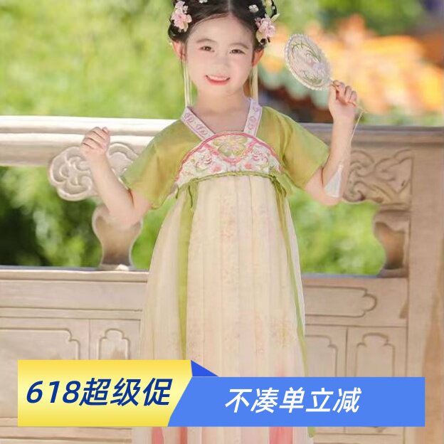 爱晴柔女童汉服绿色短袖刺绣襦裙小女孩古风连衣裙薄款公主裙夏季